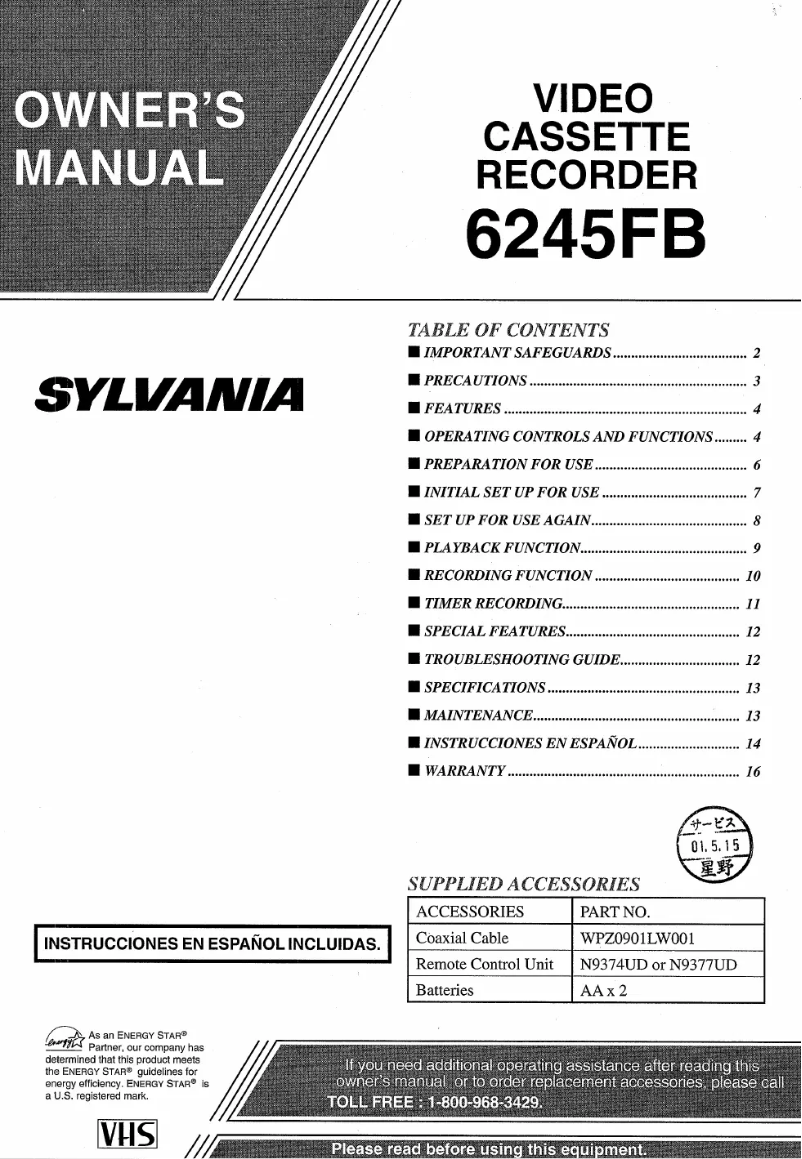 Page 1 of the manual User Manual Sylvania 6245FB