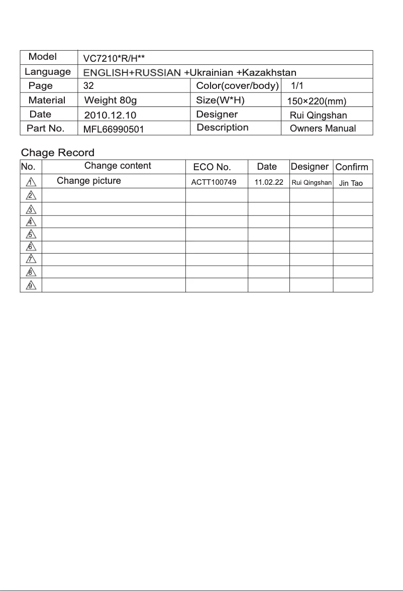 First page image of the manual for V-K72103HTA