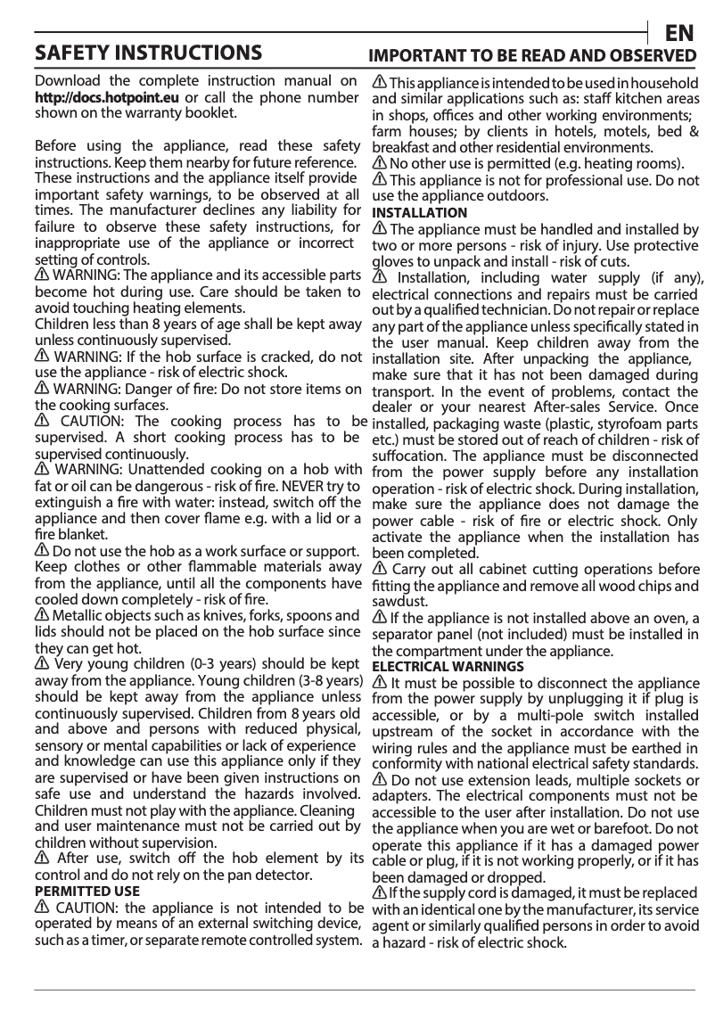 Page 1 of the manual User Manual Hotpoint TS 9960C BF