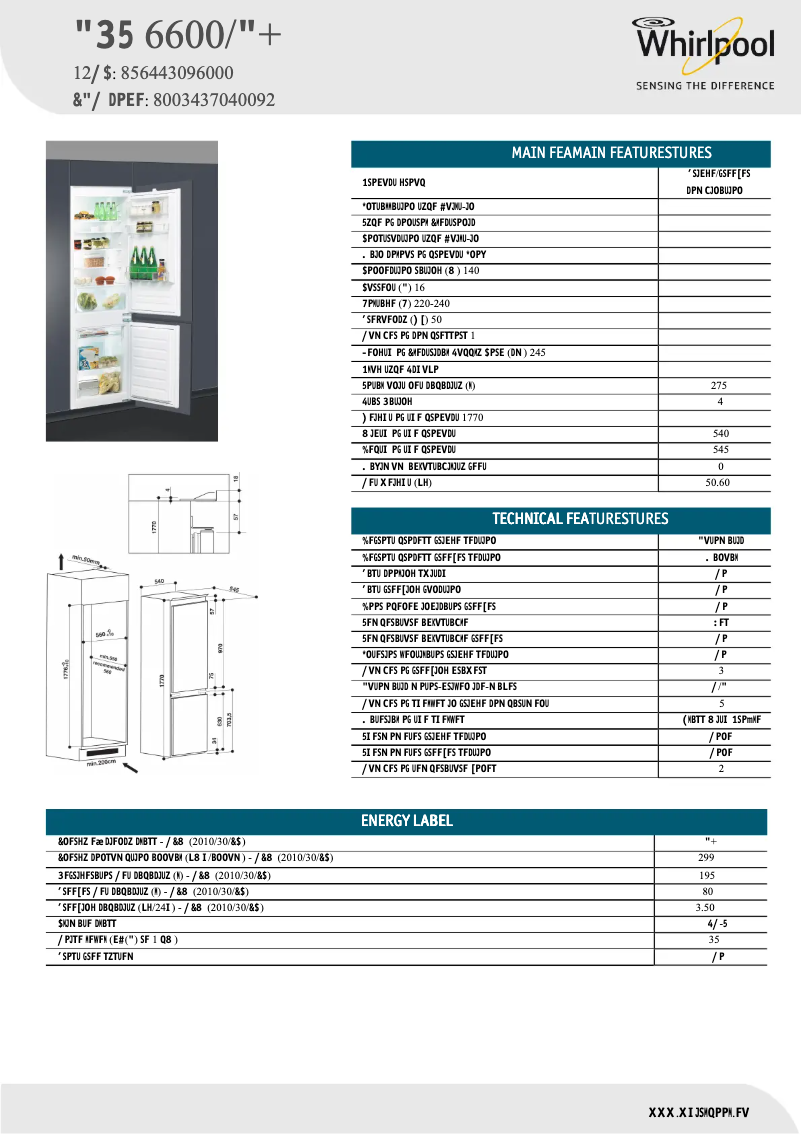 Page 1 of the manual Technical Sheet Whirlpool ART 6600/A+