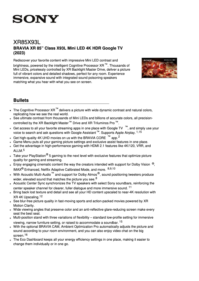 Page 1 of the manual Technical Sheet Sony XR-85X93L