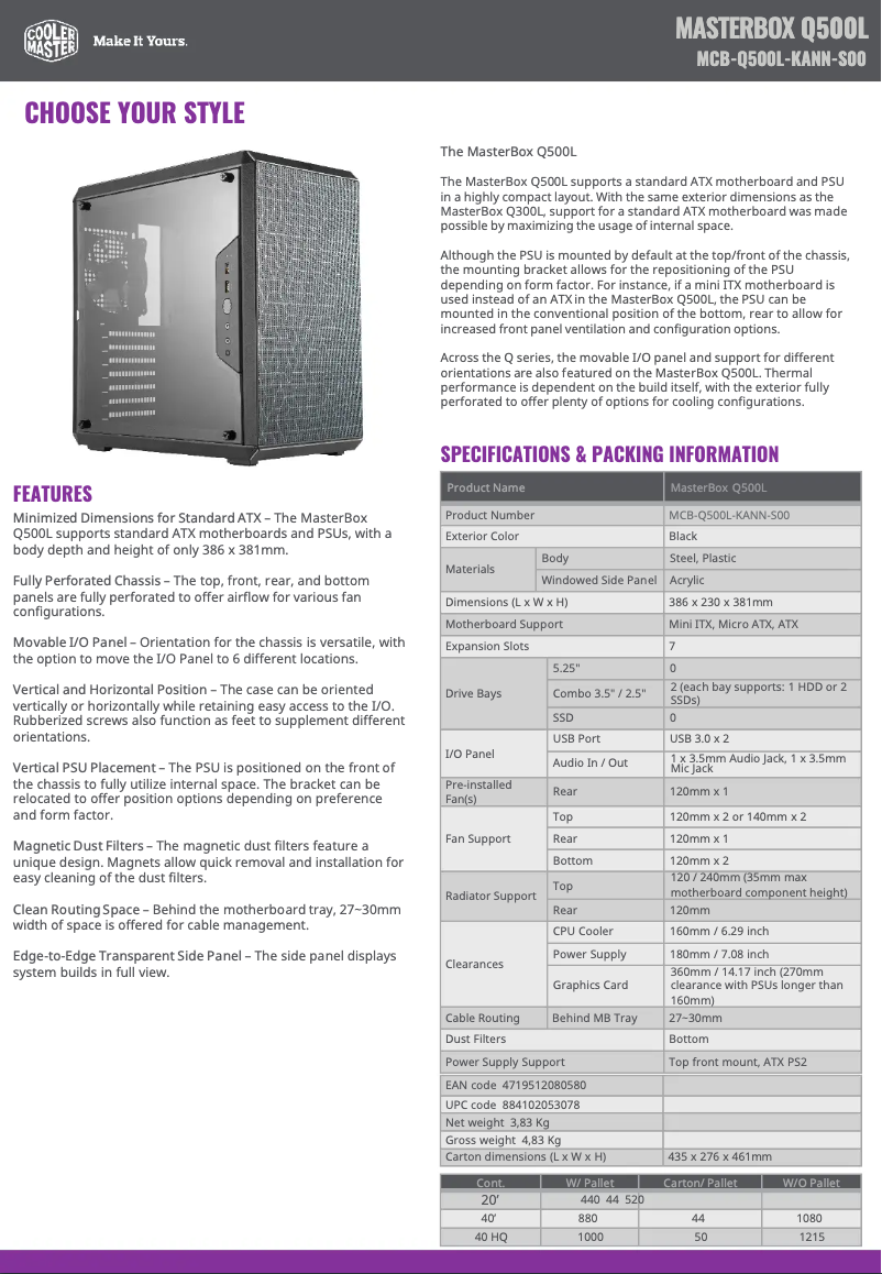 First page image of the manual for MasterBox Q500L