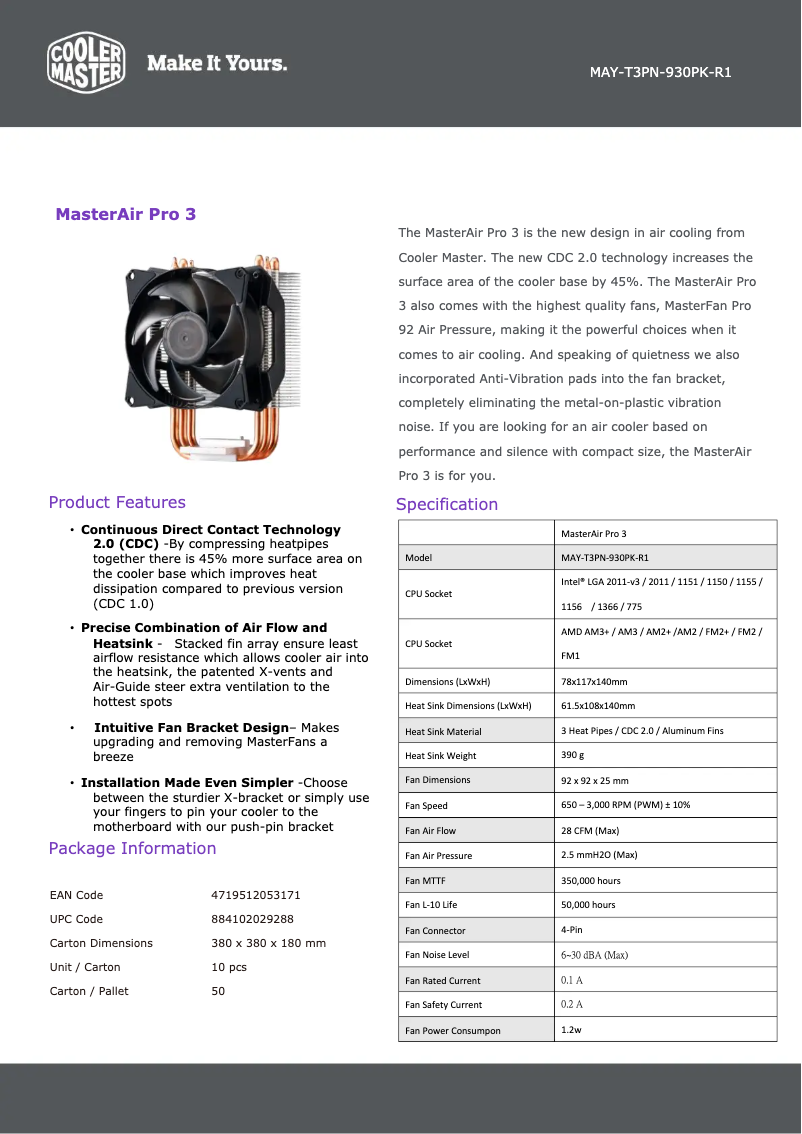 Page 1 of the manual Technical Sheet Cooler Master MasterAir Pro 3