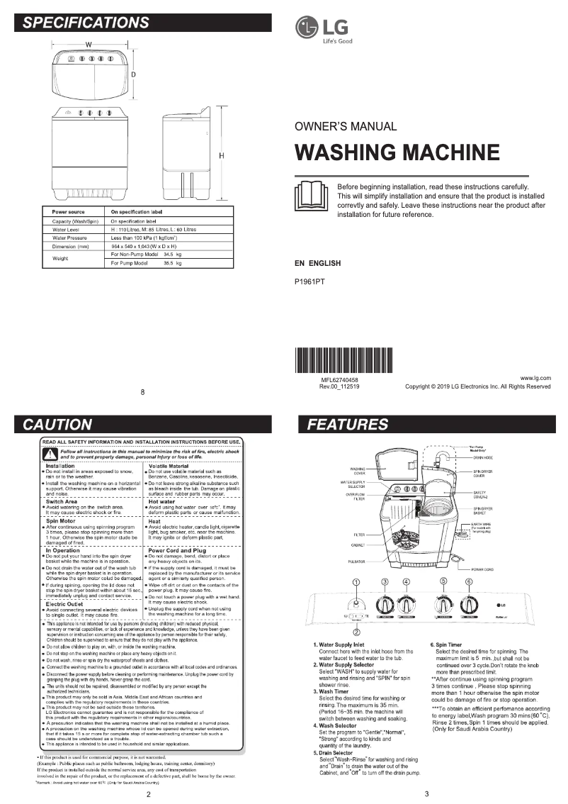 First page image of the manual for P1961PT