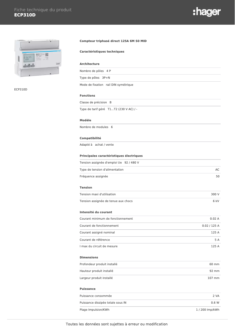 Page 1 of the manual Technical Sheet Hager ECP310D