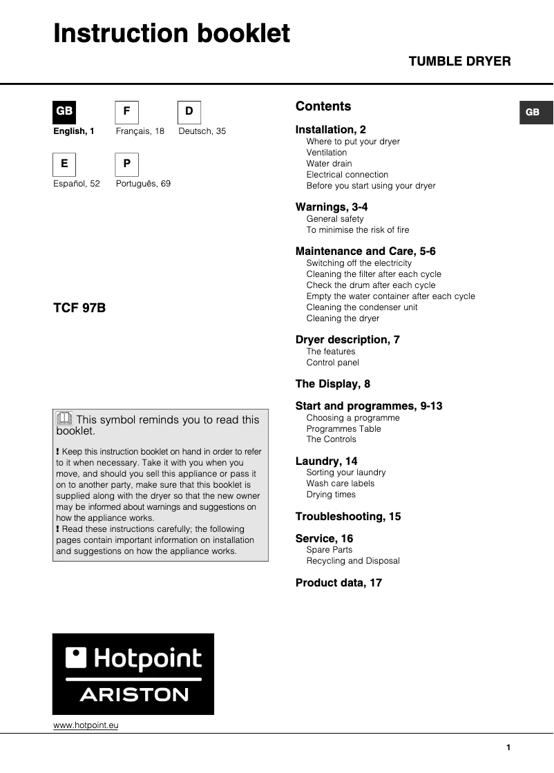 Page 1 of the manual User Manual Hotpoint TCF 97B 6HY (EU)