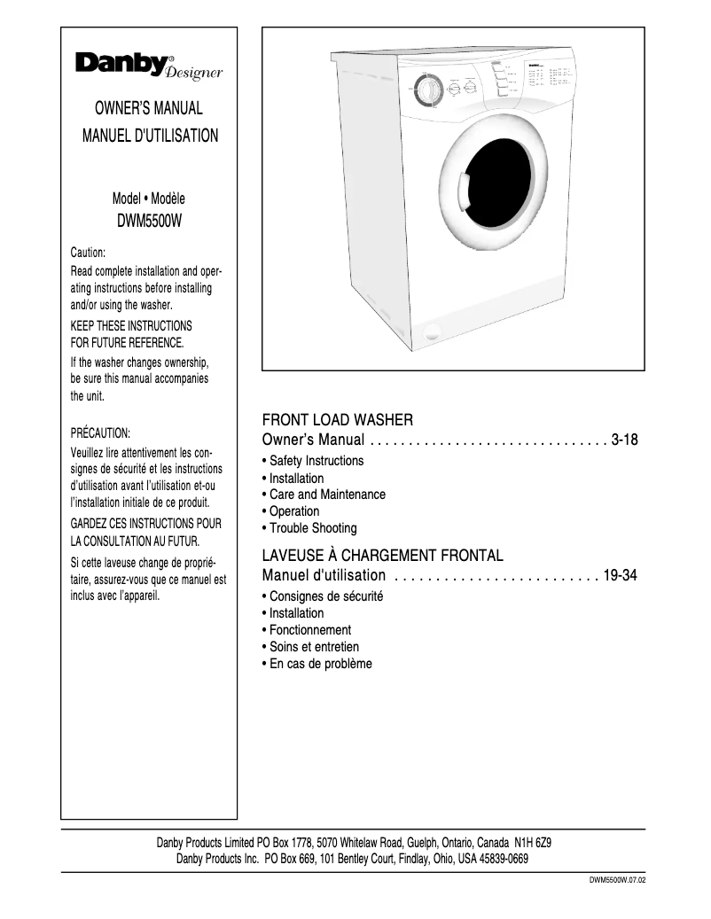 Page 1 of the manual User Manual Danby DWM5500W
