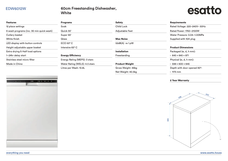 Page 1 of the manual Technical Sheet Esatto EDW6012S