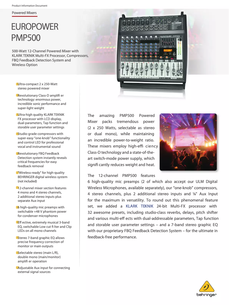 Page 1 of the manual Technical Sheet Behringer Europower PMP500