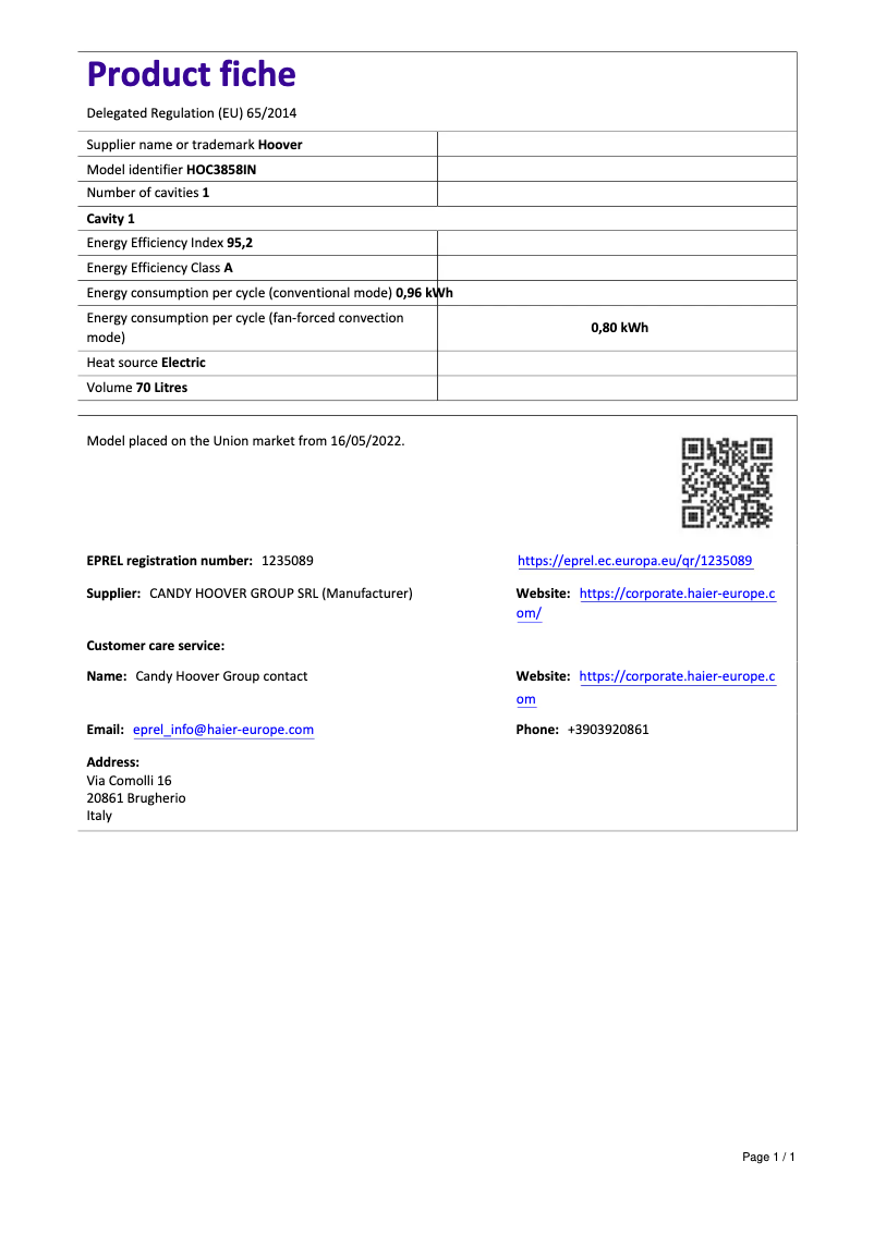 Page 1 of the manual Technical Sheet Hoover H-OVEN 300 HOC3858IN