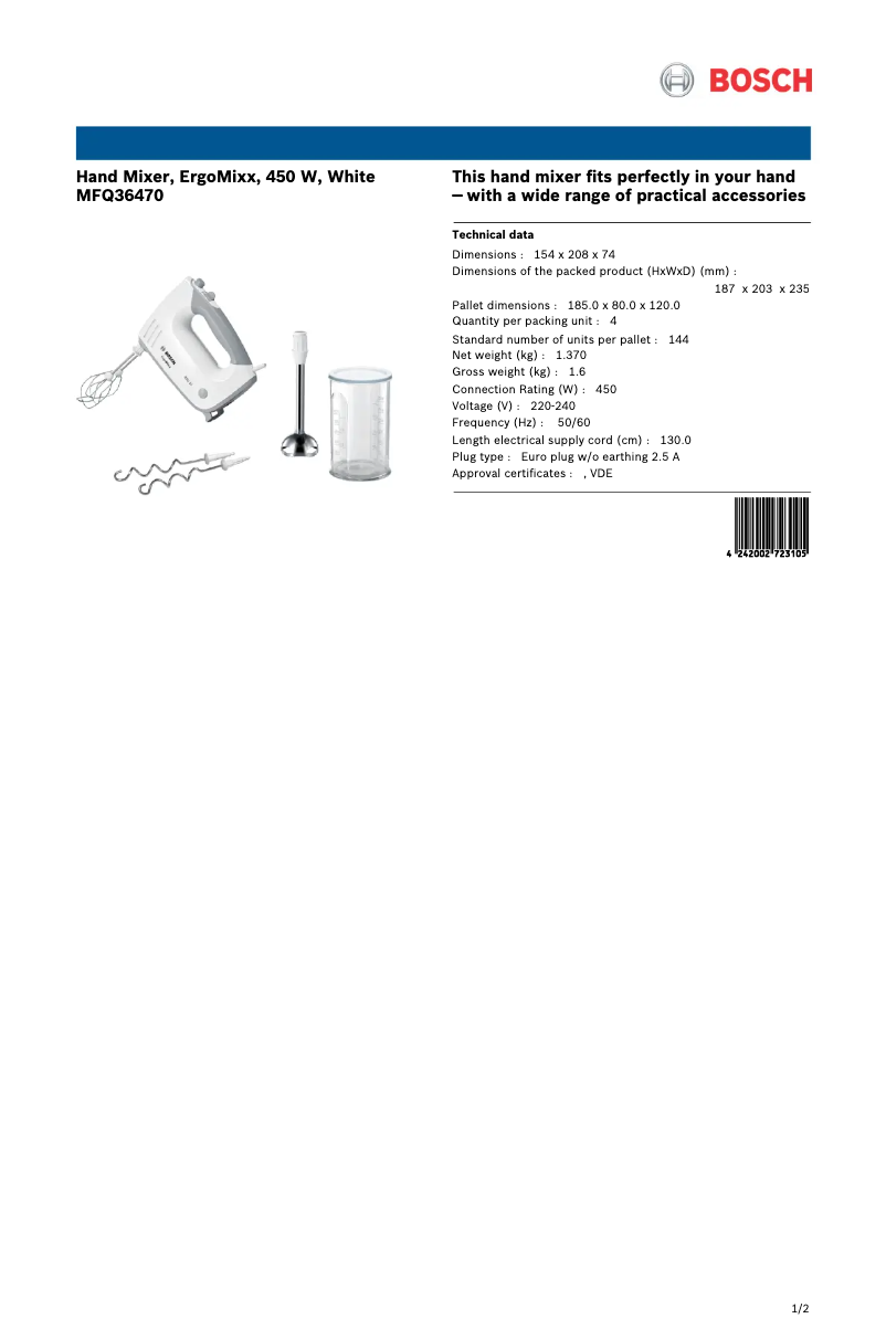Page 1 of the manual Technical Sheet Bosch ErgoMixx MFQ36470