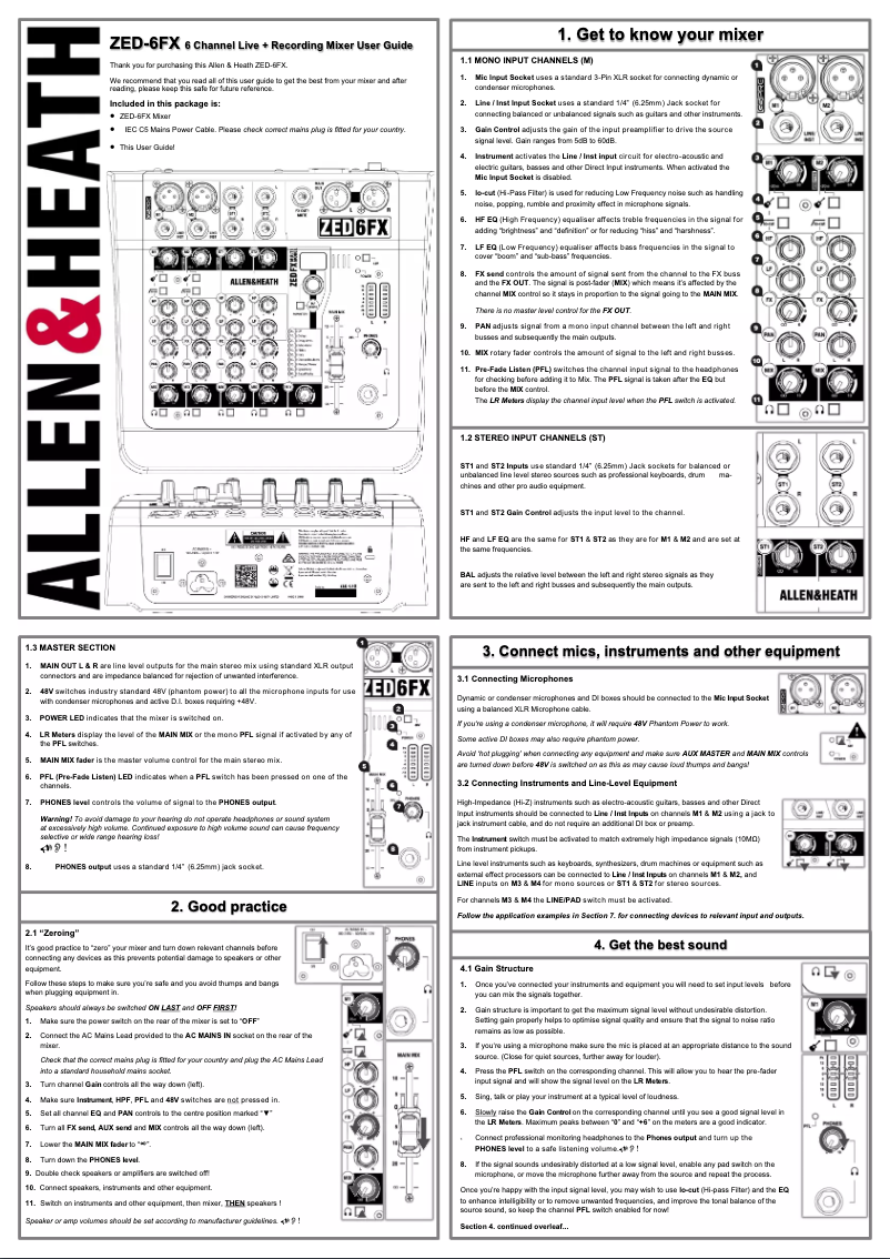 Page 1 of the manual User Manual Allen & Heath ZED-6FX