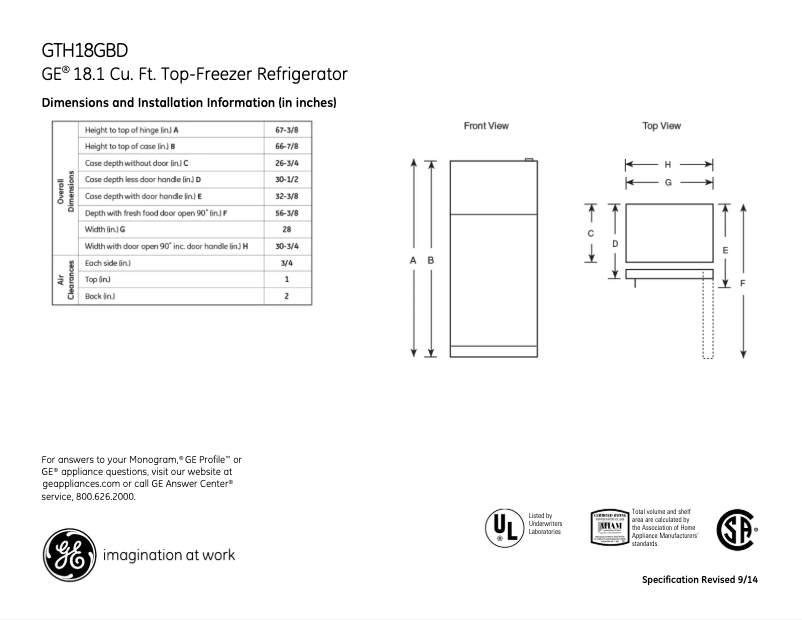 Page 1 of the manual Technical Sheet GE GTH18GBDWW