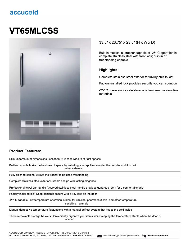 First page image of the manual for Accucold VT65MLCSS