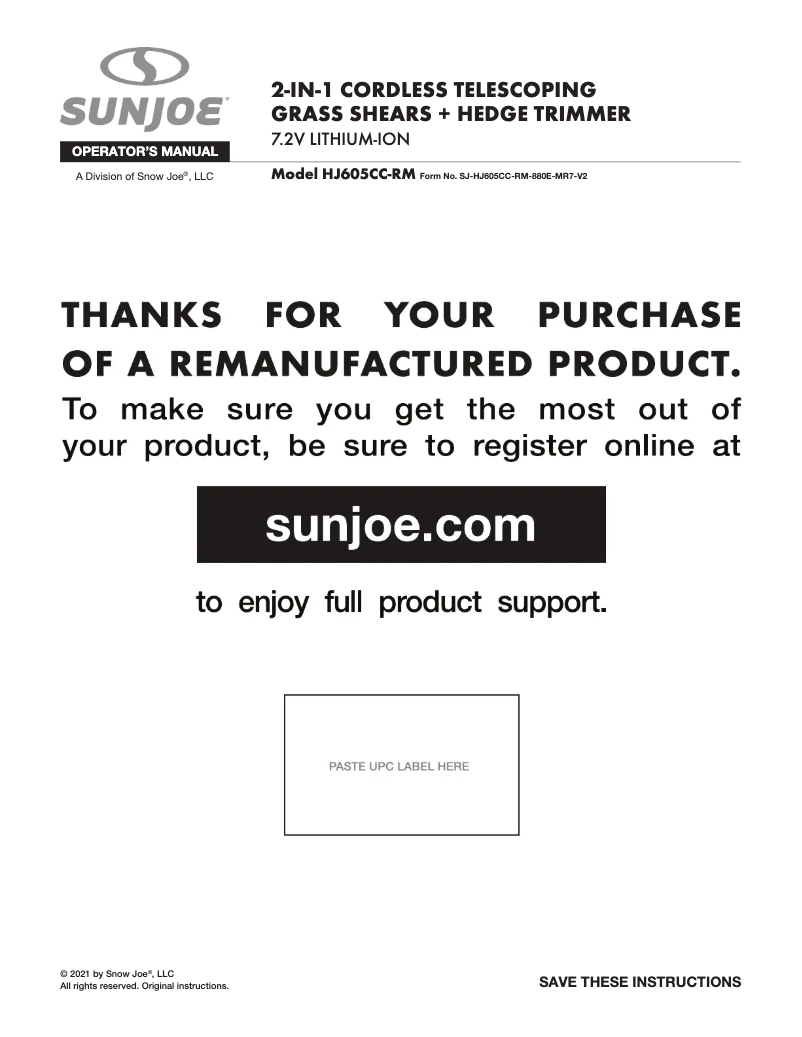 Page 1 of the manual User Manual Sun Joe HJ605CC-RM
