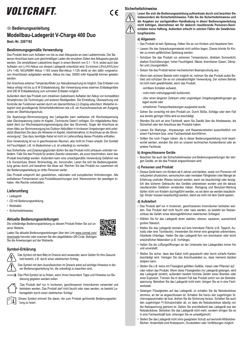Page 1 of the manual User Manual Voltcraft V-Charge 400 Duo