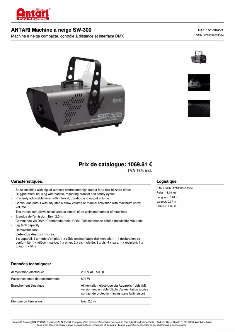 Page 1 of the manual Technical Sheet Antari SW-300