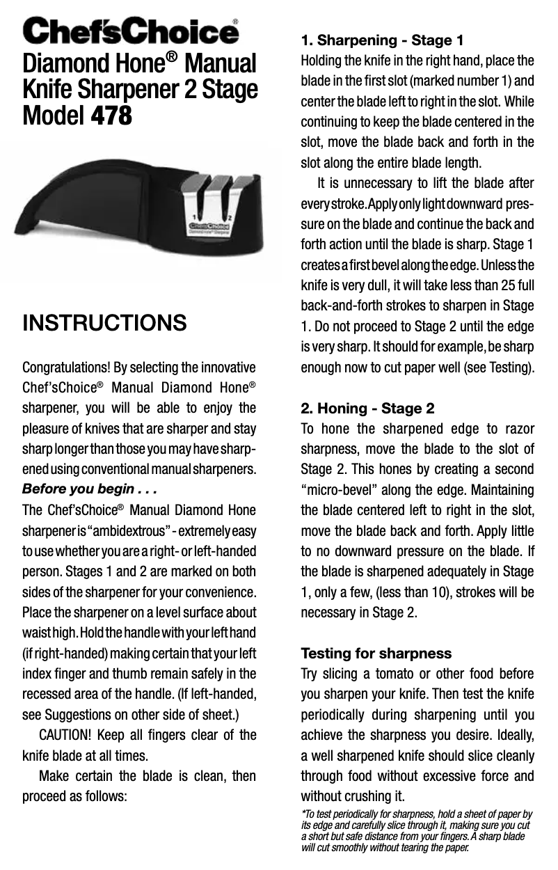 Page 1 of the manual User Manual Chef's Choice Diamond Hone Model 478