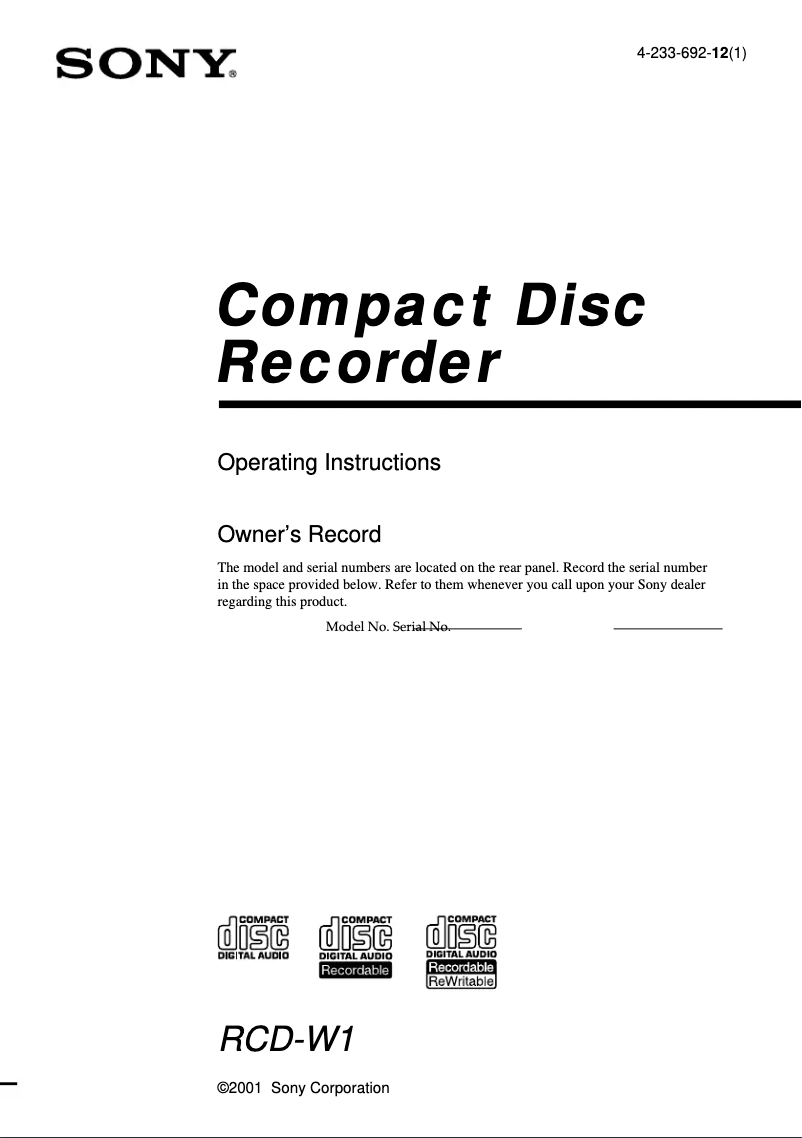 Page 1 of the manual User Manual Sony RCD-W1
