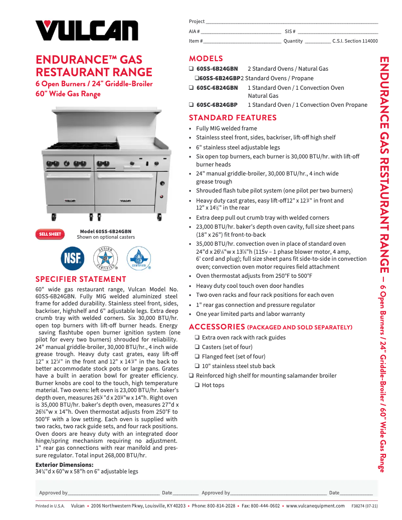 Page 1 of the manual Technical Sheet Vulcan 60SC-6B24GB