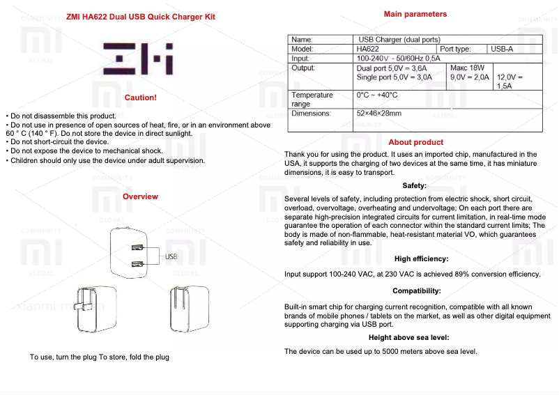 First page image of the manual for ZMi HA622 Dual USB Quick Charger Kit