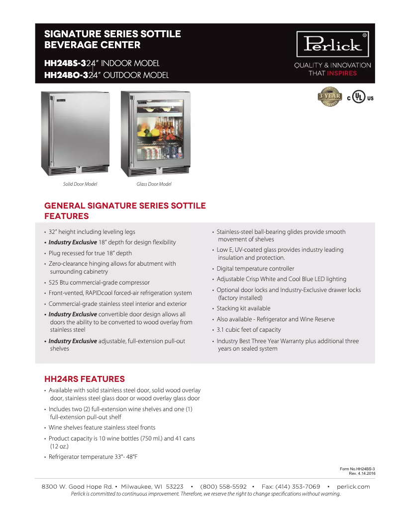 Page 1 of the manual Technical Sheet Perlick Signature Series HH24BO-3-3L