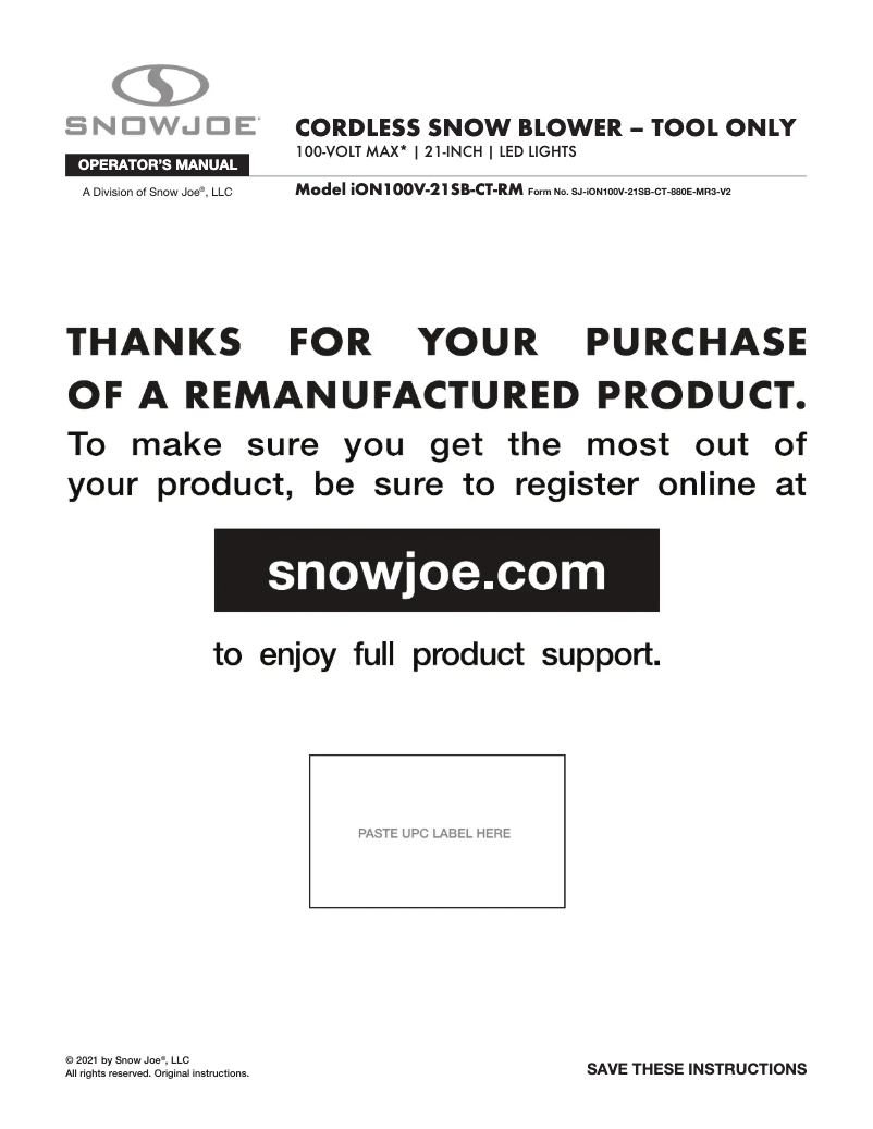 Page 1 of the manual User Manual Snow Joe ION100V-21SB-CT-RM