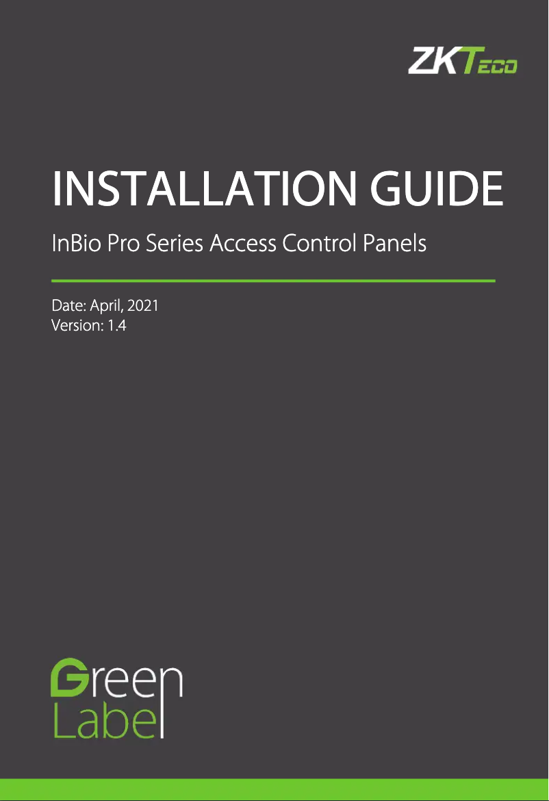 Page 1 of the manual Installation Guide ZKTeco InBio Pro