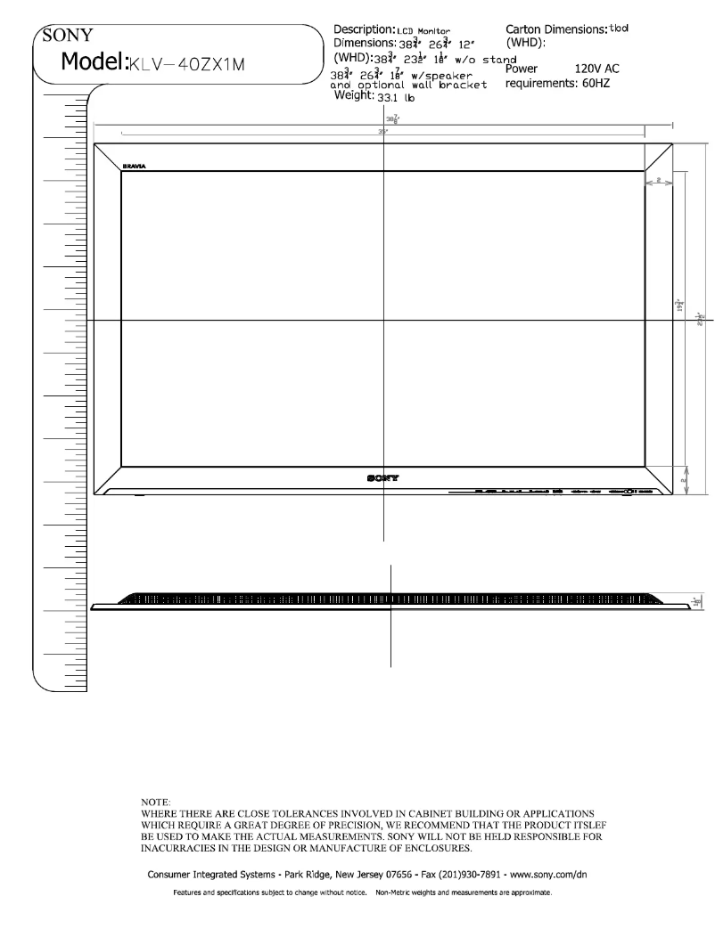 Page 1 of the manual Installation Guide Sony Wega KLV-40ZX1M