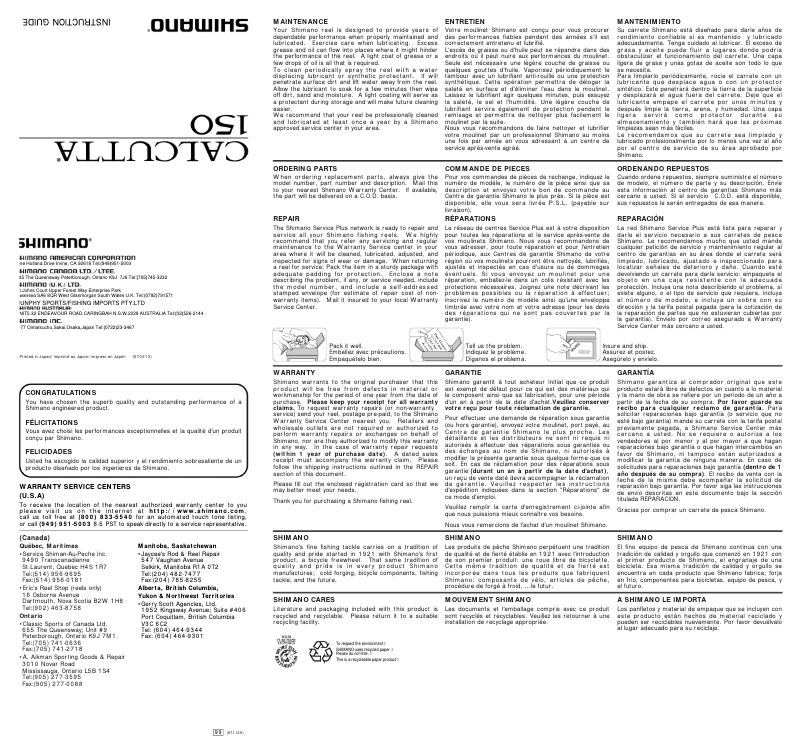 Page 1 of the manual User Manual Shimano Calcutta 150