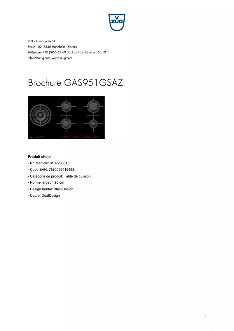 Page 1 of the manual Brochure V-Zug GAS951GSAZ