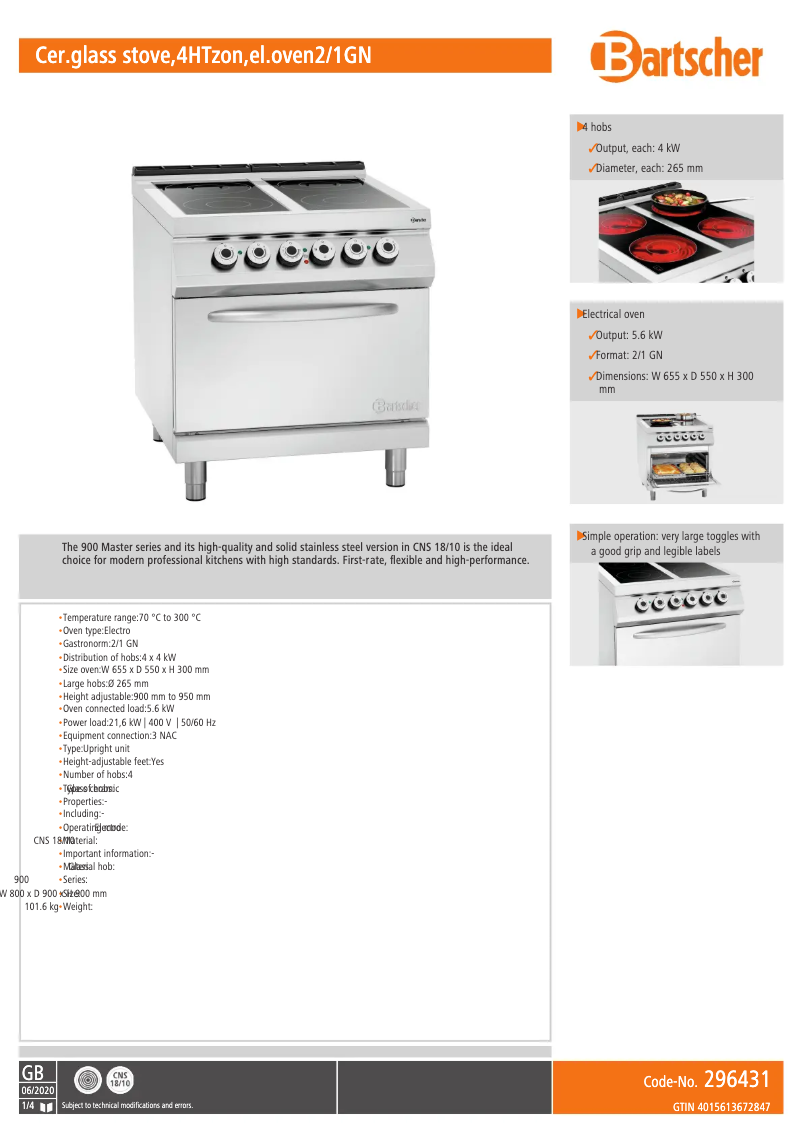 Page 1 of the manual Technical Sheet Bartscher 296431