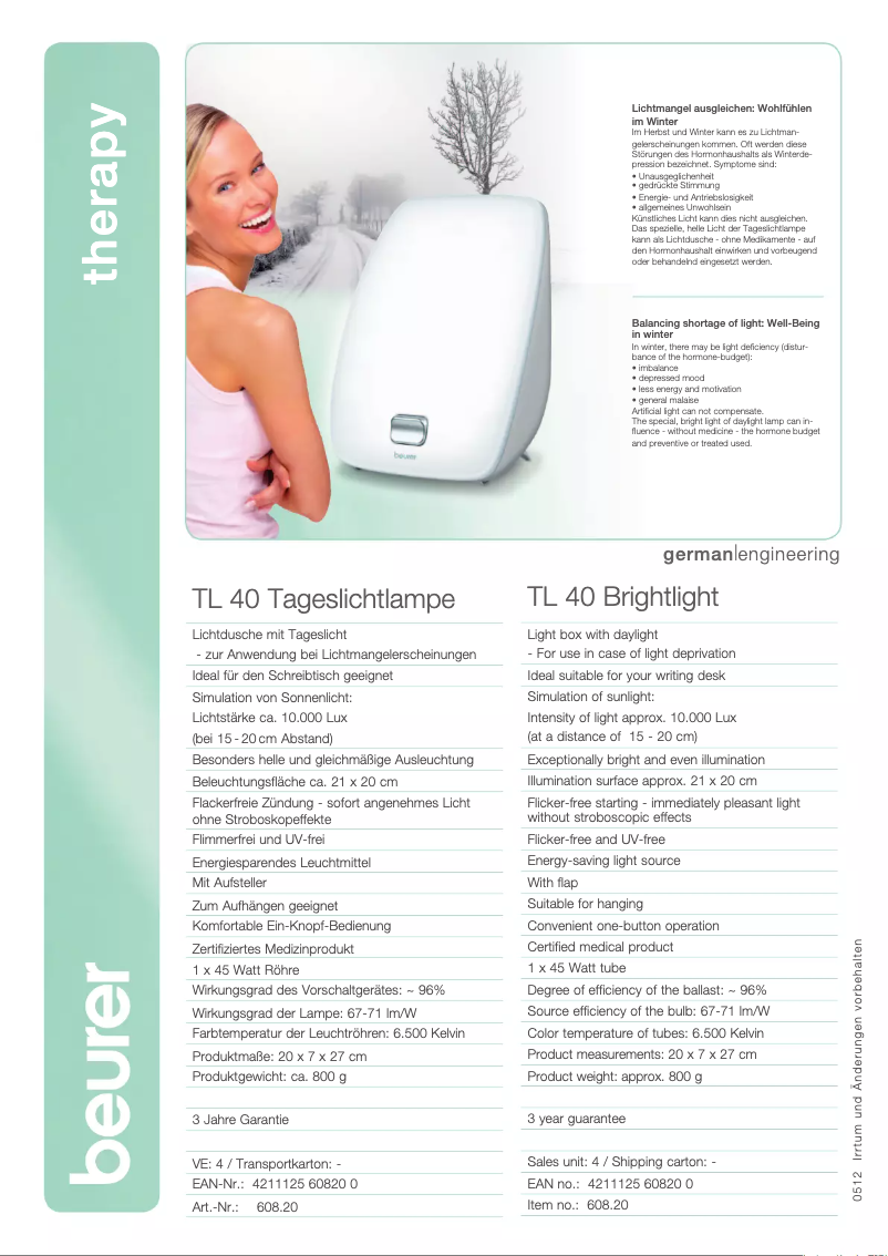Page 1 of the manual Technical Sheet Beurer TL 40