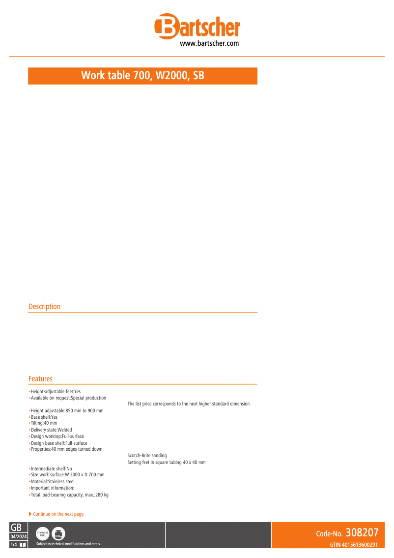 Page 1 of the manual Technical Sheet Bartscher 348207