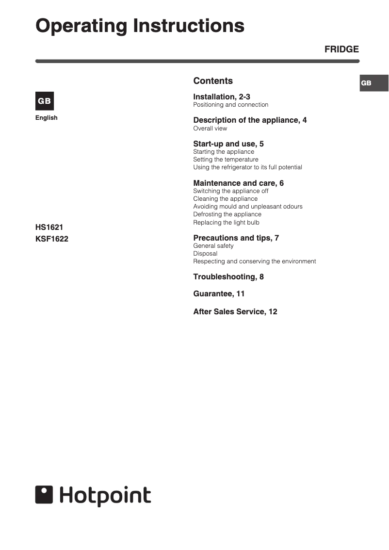 First page image of the manual for HS1622