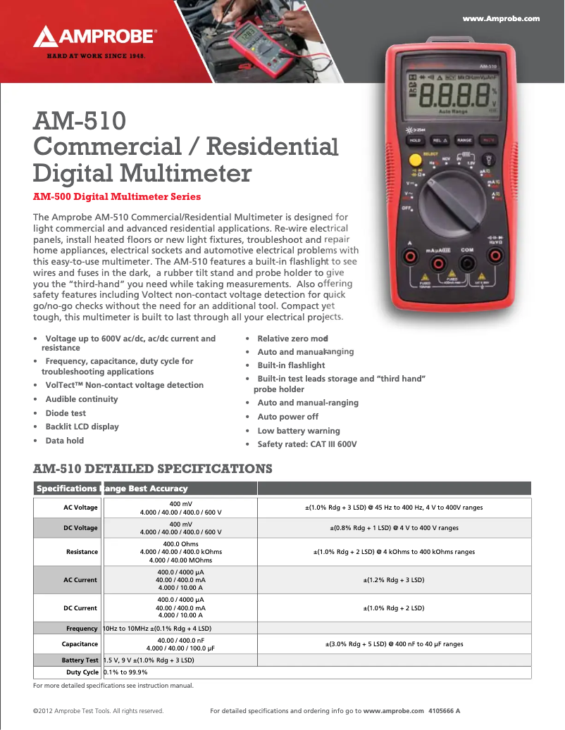 Page 1 of the manual Technical Sheet Amprobe AM-510