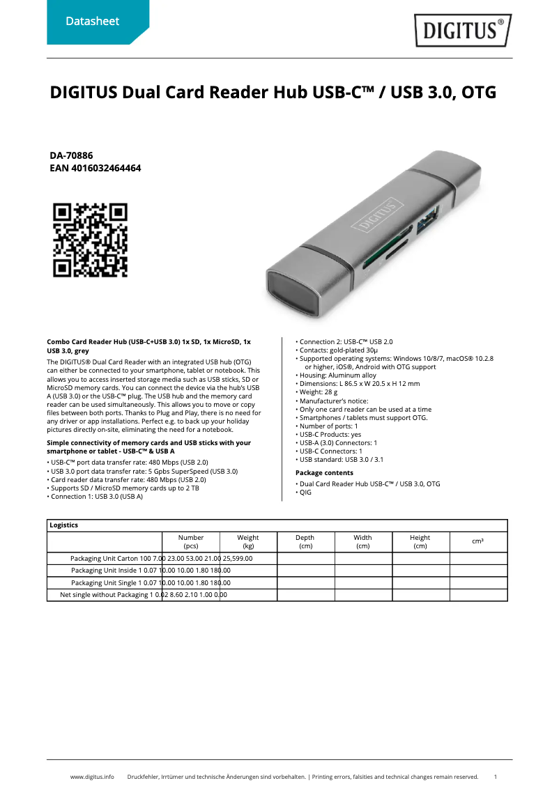 Page 1 of the manual Technical Sheet Digitus DA-70886