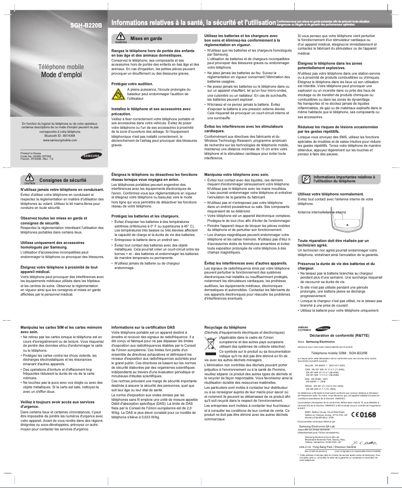 Page 1 of the manual User Manual Samsung SGH-B220B