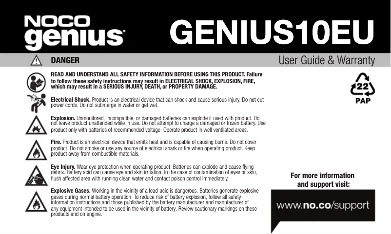 Page 1 de la notice Manuel utilisateur NOCO Genius 10