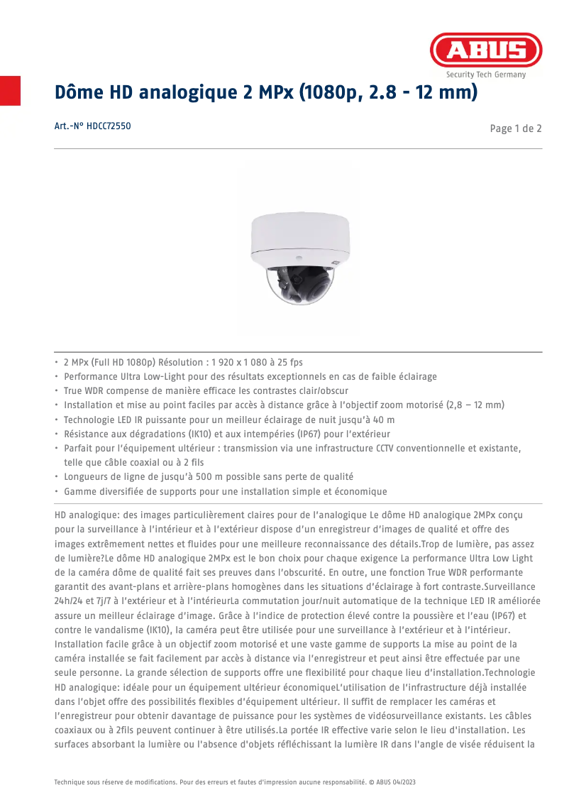Page 1 of the manual Technical Sheet Abus HDCC72550