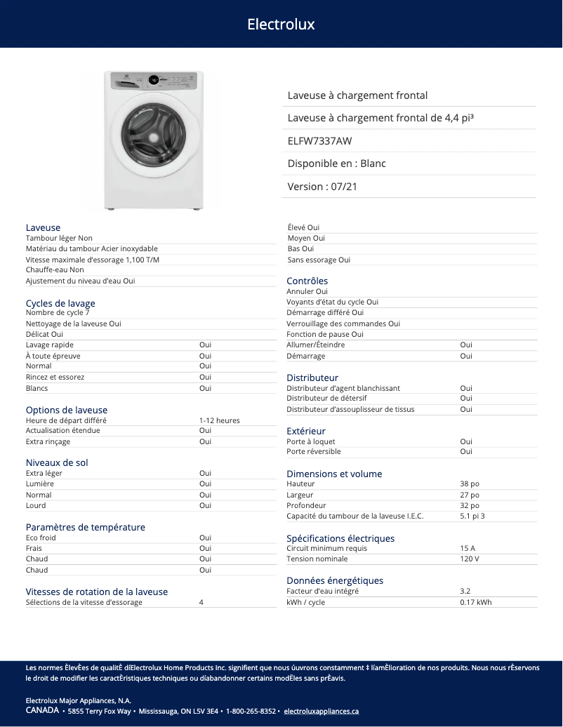 First page image of the manual for ELFW7337AW