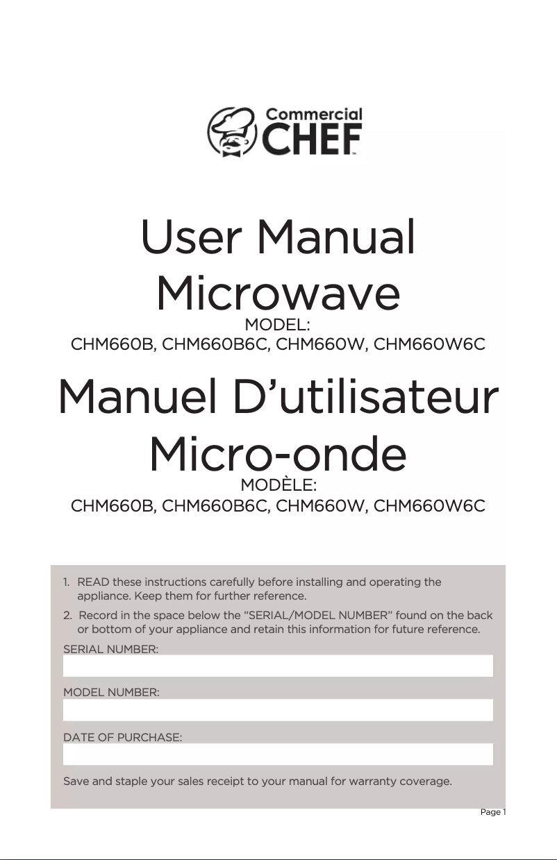 Page 1 of the manual User Manual Commercial Chef CHM660B