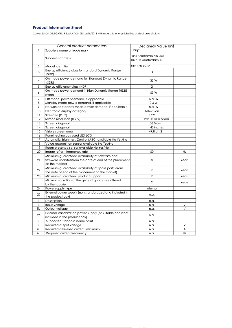 First page image of the manual for 43PFS6808