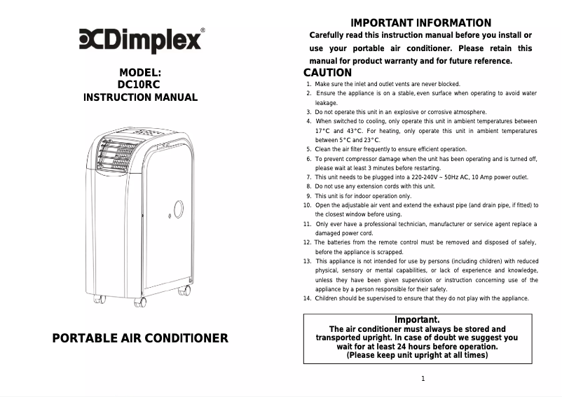 Page 1 of the manual User Manual Dimplex DC12RCBW