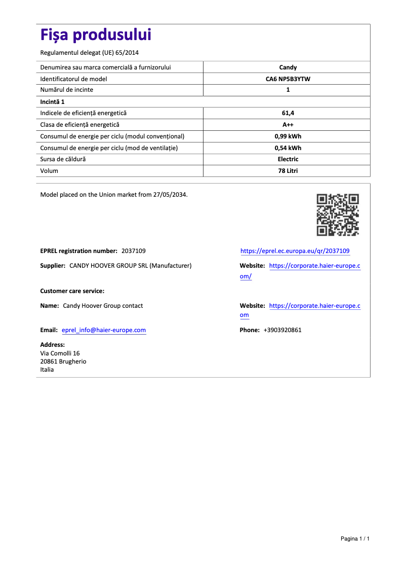 First page image of the manual for CA6 NP5B3YTW