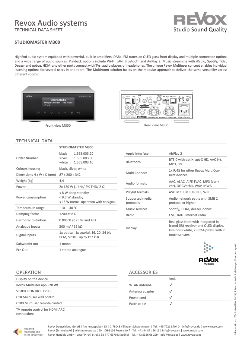Page 1 of the manual Technical Sheet Revox Studiomaster M300