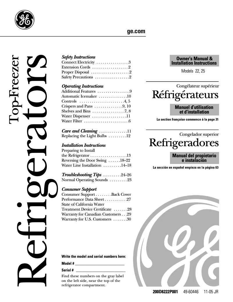Page 1 of the manual Installation Guide GE Profile PTS22LHPBB