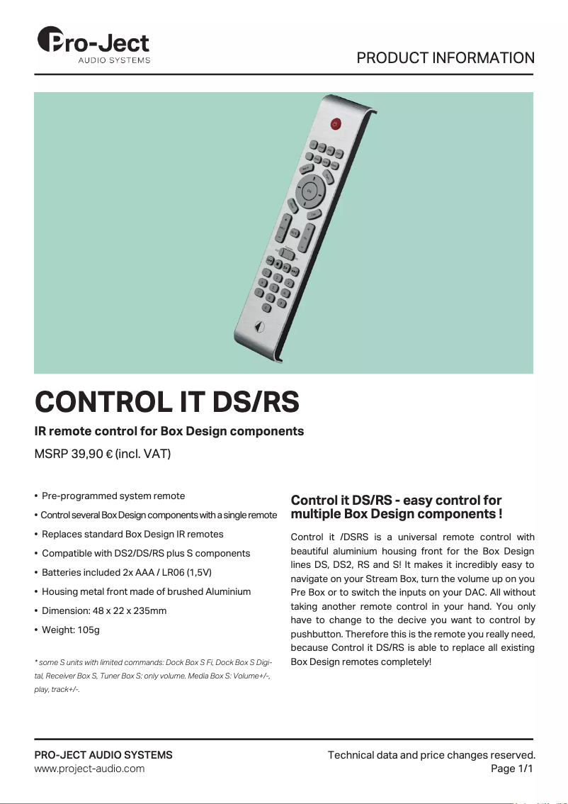 First page image of the manual for Control it DS/RS