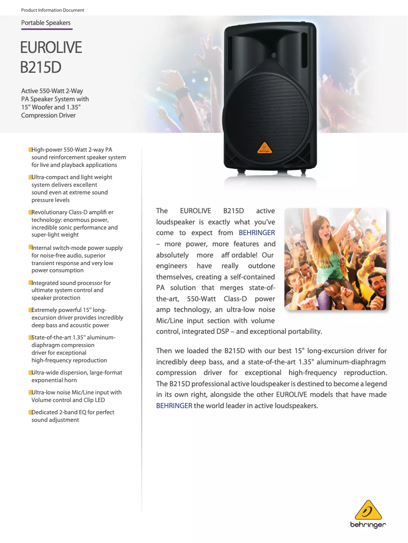 First page image of the manual for Eurolive B215D