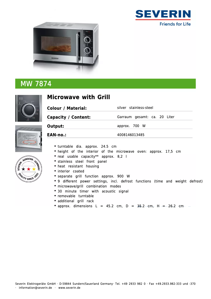 Page 1 of the manual Technical Sheet Severin MW 7874
